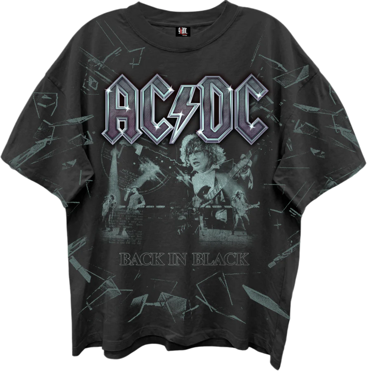 Front & Back Shattered Glass Back In Black ACDC Oversized T-Shirt