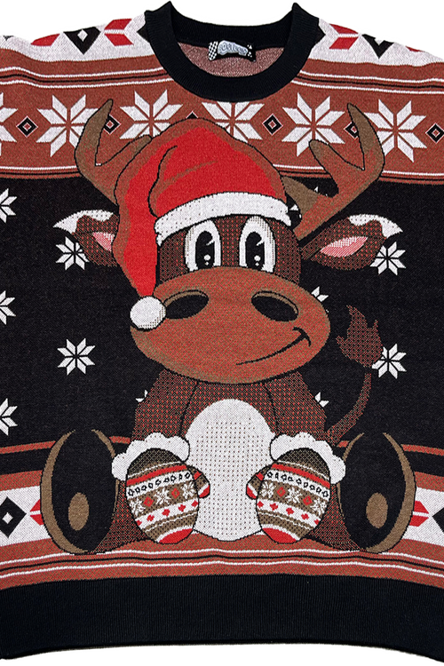 Reindeer In Santa Claus Hat Knitted Christmas Sweater