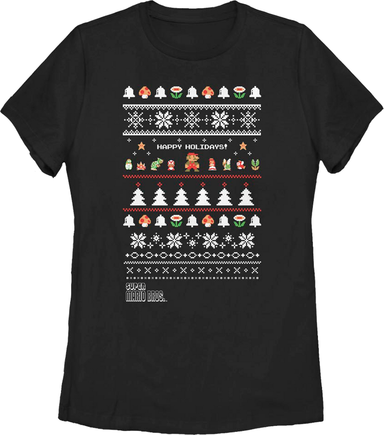 Womens Happy Holidays Faux Ugly Xmas Sweater Super Mario Bros. Shirt