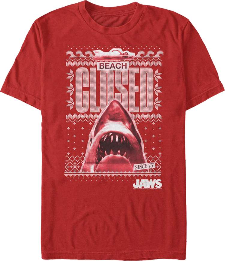 Beach Closed Faux Ugly Christmas Sweater Jaws T-Shirt