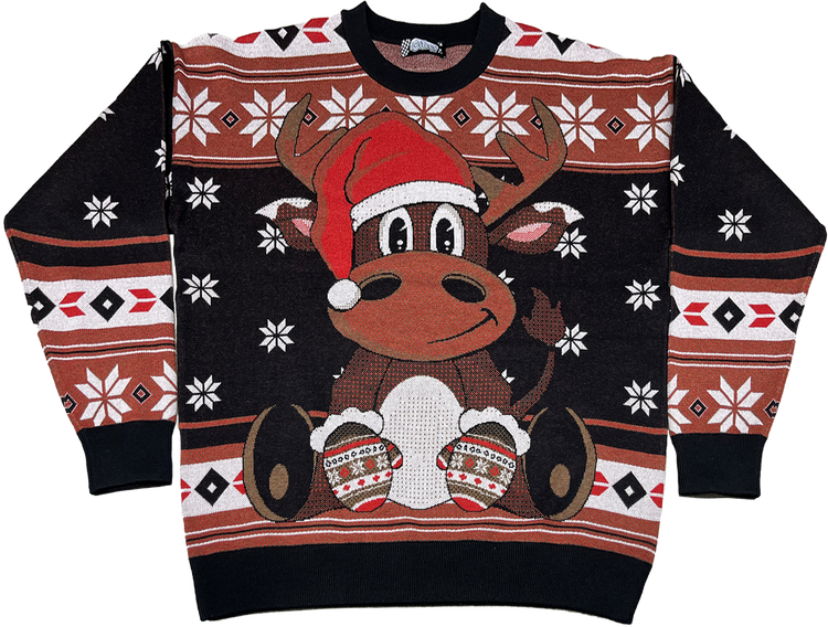 Reindeer In Santa Claus Hat Knitted Christmas Sweater