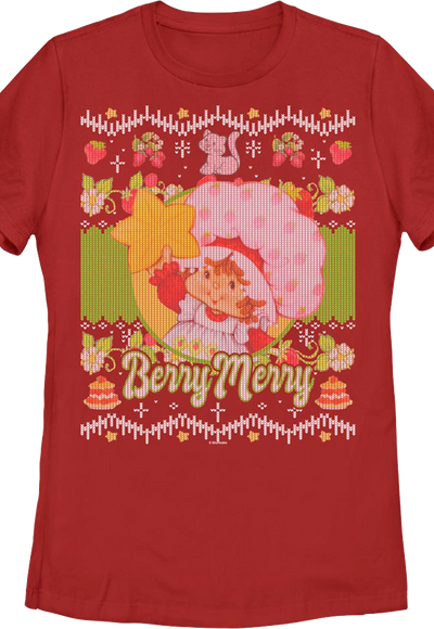 Womens Berry Merry Faux Christmas Sweater Strawberry Shortcake Shirt