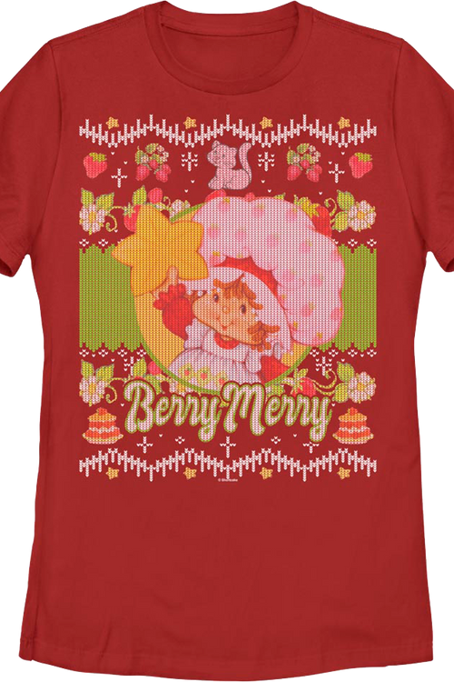 Womens Berry Merry Faux Christmas Sweater Strawberry Shortcake Shirt