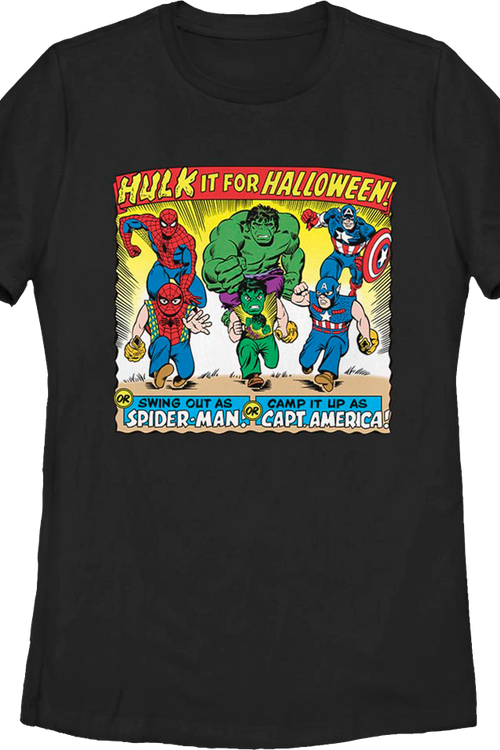 Womens Vintage Avengers Halloween Costumes Ad Marvel Comics Shirt